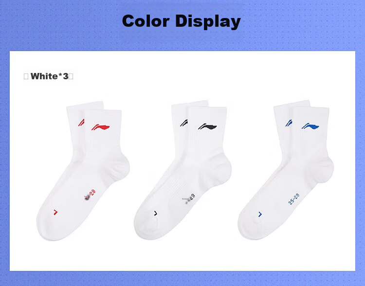 LI-NING Men's Mid-Calf Badminton Sports Socks Towel Socks Moisture-Wicking AWTS003-2 Triple Pack White 8