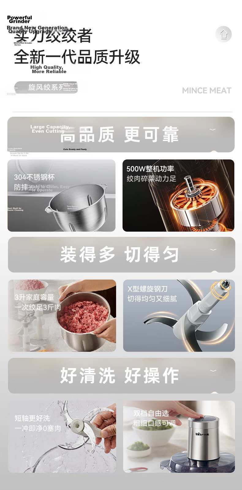 Bear Meat Grinder, Home Stainless Steel, Mincer, Chopper, Meat Mixer, Garlic Press, 3-Liter Large Capacity, 2026 New Model for Home Use, QSJ-P05E3 7