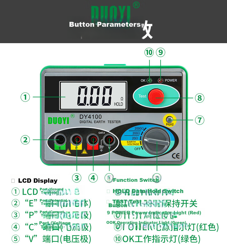 Duoyi Ground Resistance Tester Digital Earth Resistance Meter Lightning Protection Ground Resistance Tester DY4100 13