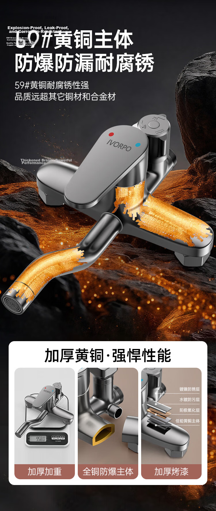 IVORPO Seiko Full Copper Shower Set with Hot and Cold Water Mixer Valve, Pressurized Shower Head, Integrated Bathroom Shower Kit 7