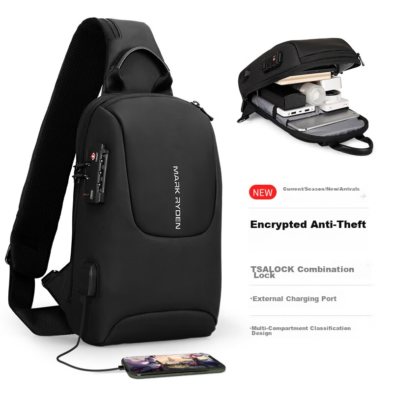 MARK RYDEN Men's Shoulder Bag Large Capacity Chest Bag Crossbody Bag with Combination Lock Anti-Theft Sports Small Backpack MR7039 Classic Black