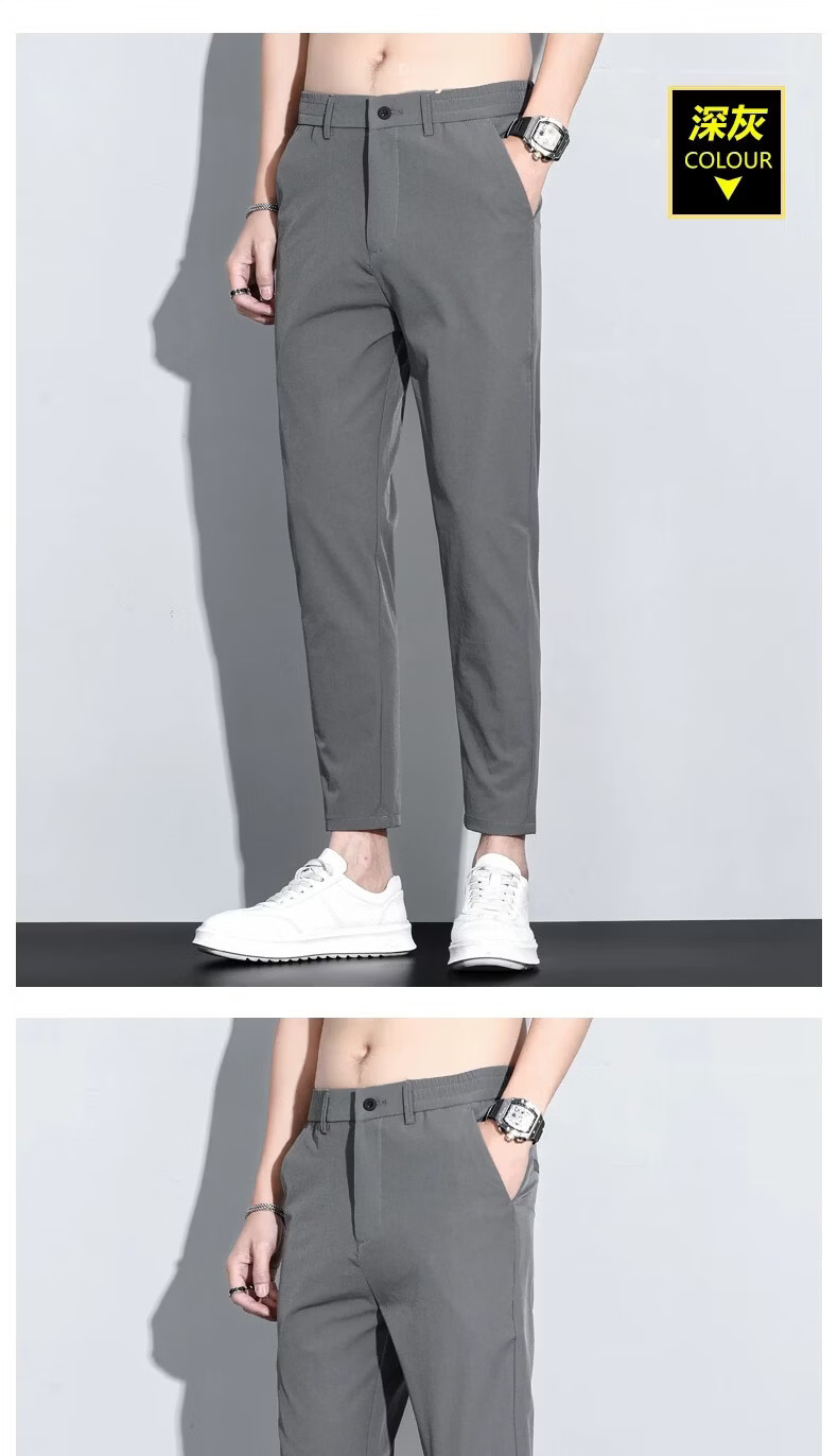 ROMON Casual Black Cropped Pants Men's Slim Fit Ice Silk Thin Small Suit Trousers Men's 2026 Summer New Versatile 16