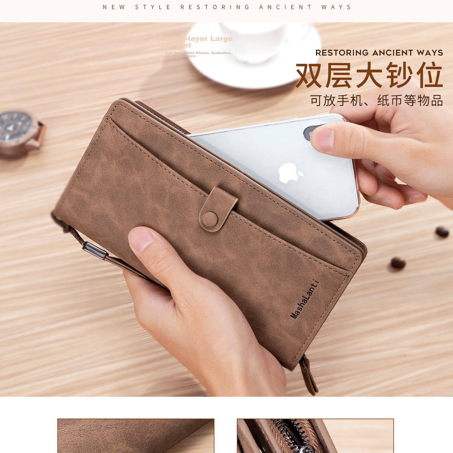 MashaLanti Men's Wallet, Large Capacity, Leather Billfold, Long Zipper Coin Purse, Multifunctional Clutch Card Holder, Business Document Wallet All-I 14