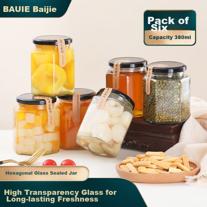 Baijie Glass Sealed Jar 500ml*6 for Stewing Yellow Peach Honey Canning, Jam, Chili Sauce, Laba Garlic