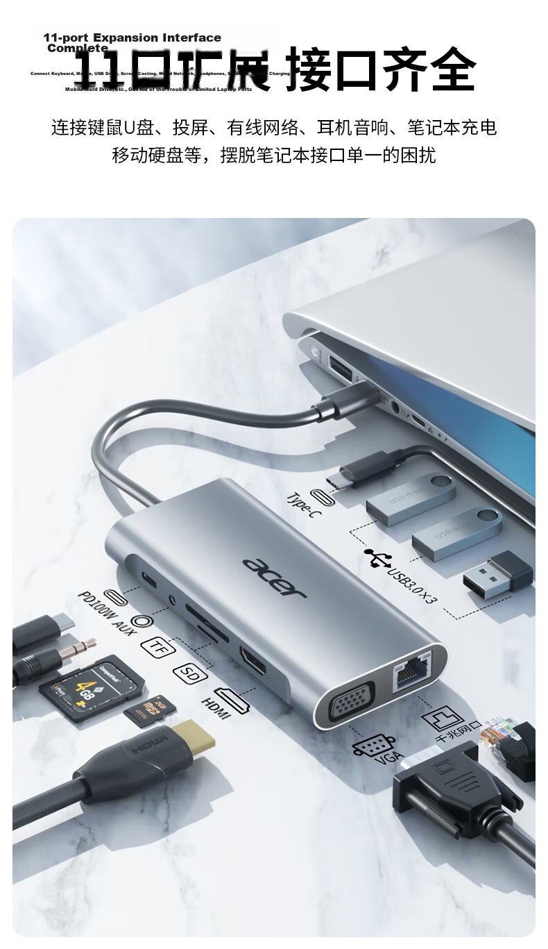Acer Type-C Expansion Dock, USB-C to HDMI Converter, 4K60Hz Screen Mirroring, USB3.0 Hub, Gigabit Ethernet Port, PD Charging Expansion Dock, Nine-I 3