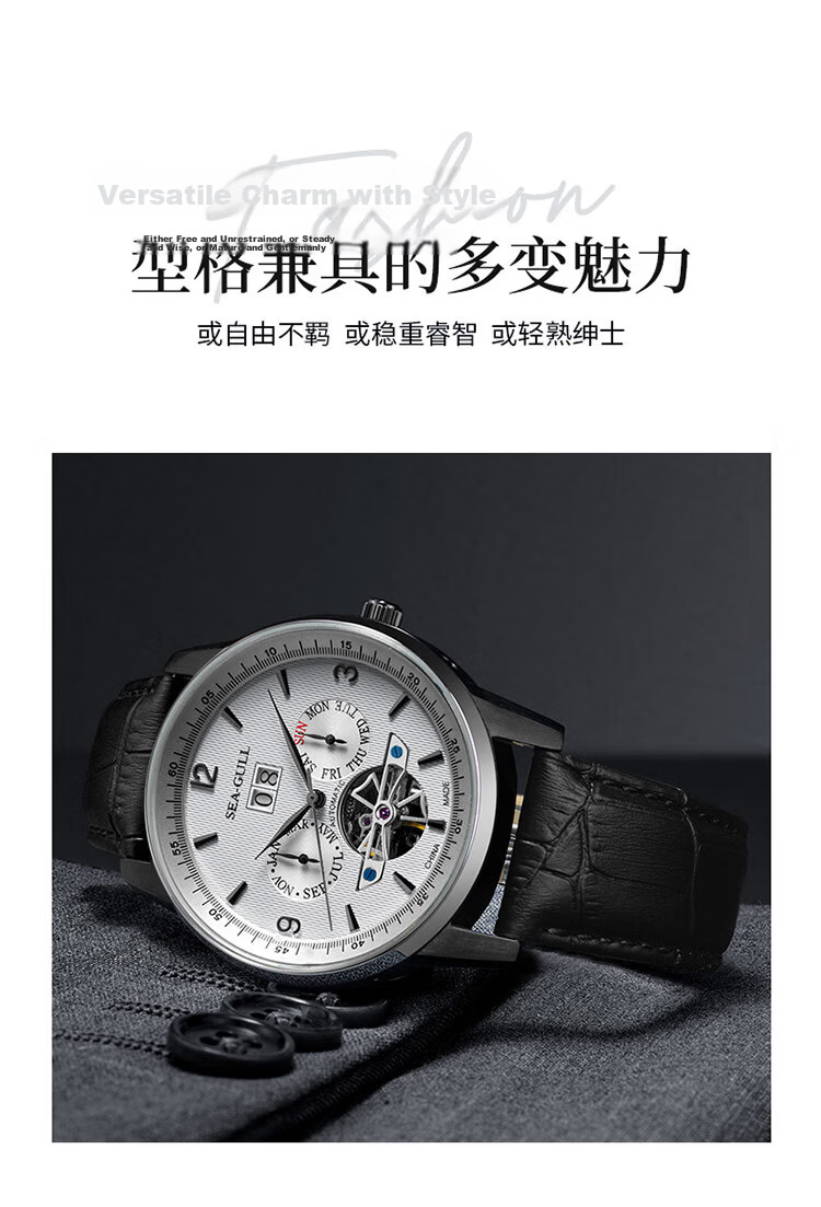 SEAGULL Men's Automatic Mechanical Watch Calendar Week Month Skeleton Tourbillon Men's Watch Birthday Gift 1328 White 2