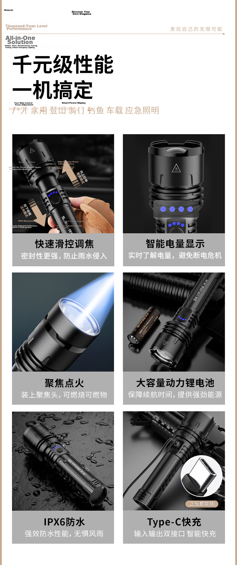 Tianhuolonghui High-Power Rechargeable Outdoor Flashlight Ultra-Bright Portable Long-Lasting Survival Large Capacity 2