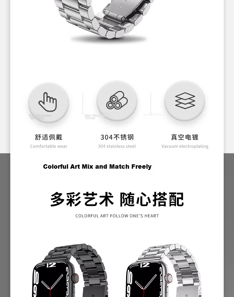 MSSM Compatible Apple Watch Band Metal Stainless Steel iWatch Band S11/Ultra3/S10/9/SE3 Apple Three-Link Stainless Steel Band - Graphite Black 41/40/38MM 2