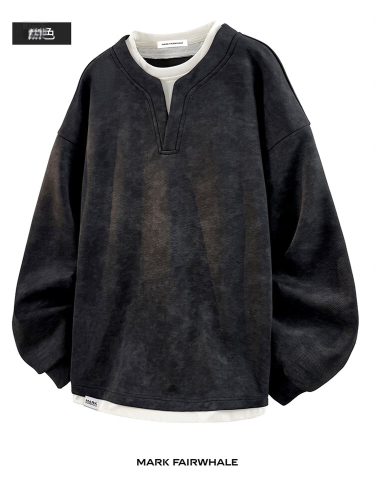MARK FAIRWHALE Men's Hoodie Spring Autumn American Style Fake Two-Piece Tie-Dye Casual Base Shirt Khaki 3XL 13