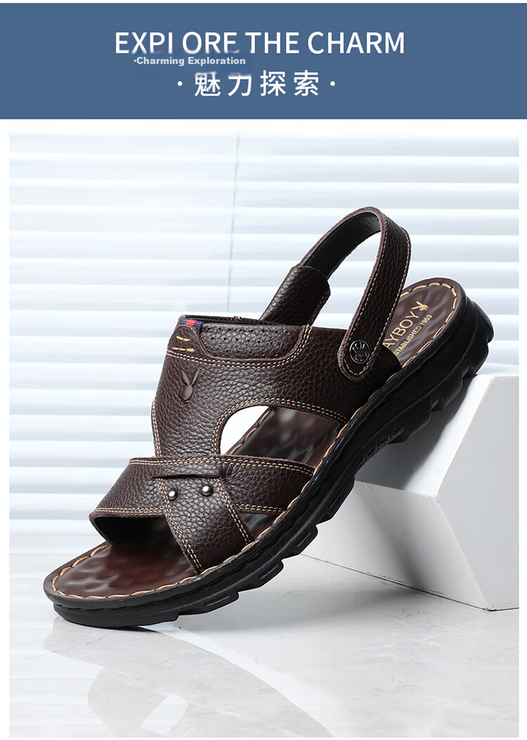 Playboy Men's Summer Casual Beach Sandals Outdoor Middle-aged and Elderly Dad Leather Slippers Black Size 43 4