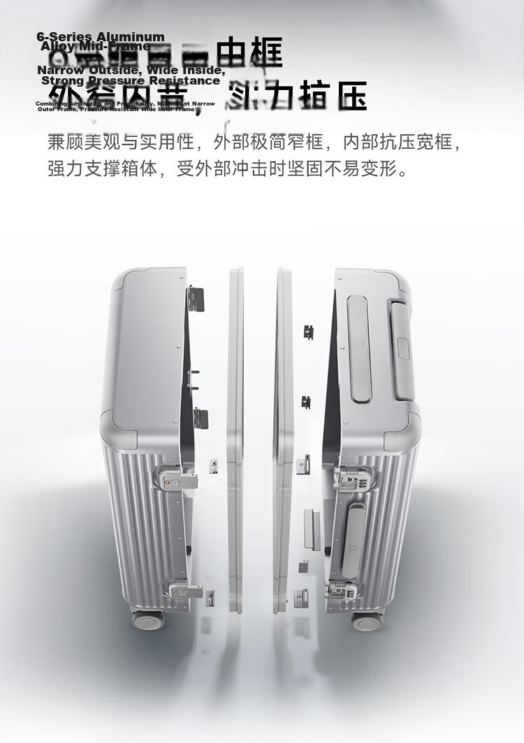 Mijia Xiaomi Luggage, 26-Inch Aluminum Frame Suitcase, Large Capacity Travel Case, Unisex Spinner Wheels, Password Lock, Silver Color 5