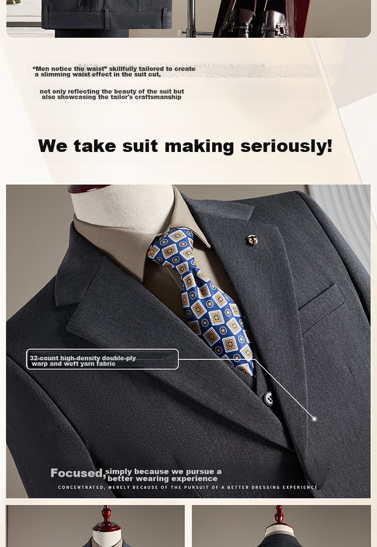 ROMON Men's Business Suit Set [Blazer + Vest + Trousers] Dark Gray 2XL 9