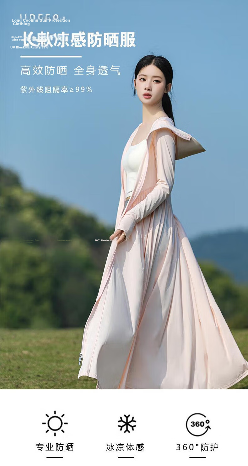 Langsha Women's Long Slim Fit Sunscreen Jacket UV Protection A-Line Full Body Sun Protection Dress Original Yarn Cooling Small Size Sun Protection Clothing 4