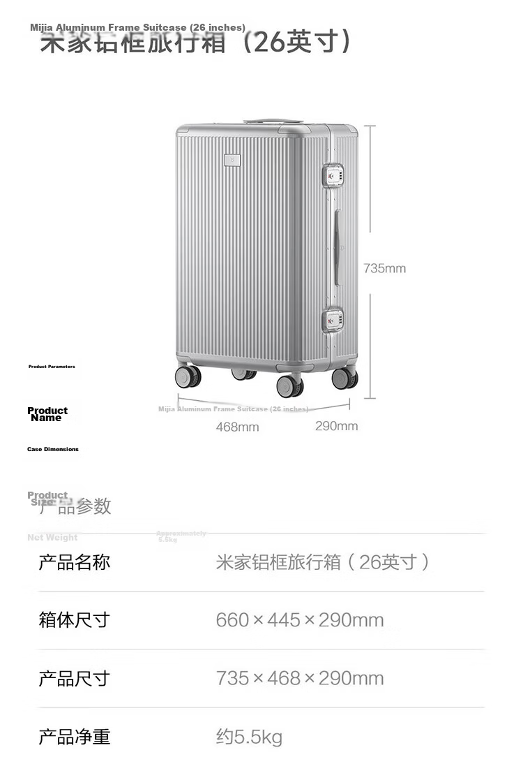 Mijia Xiaomi Luggage, 26-Inch Aluminum Frame Suitcase, Large Capacity Travel Case, Unisex Spinner Wheels, Password Lock, Silver Color 22