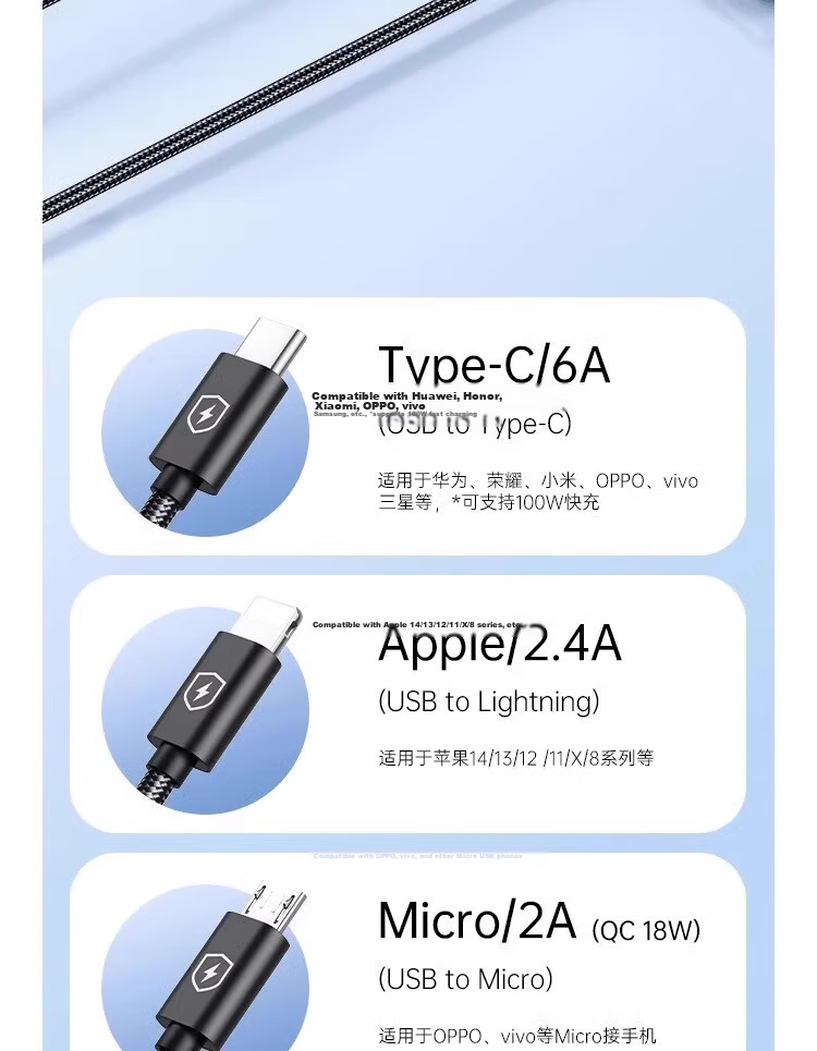 3-in-1 Data Cable 6A Fast Charging 100W Multi-Charger Cable Compatible with iPhone Apple Type-C Huawei Xiaomi Car Charger 1m 4
