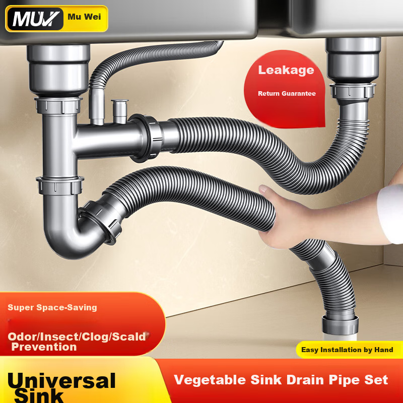 Muvi Kitchen Sink Drain Pipe Set Double Basin Drainage Pipe Full Accessories PP Material XSG08