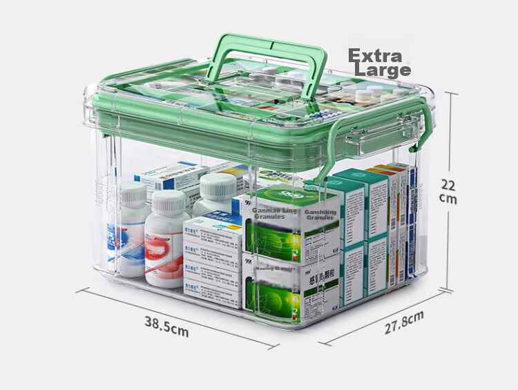 EACHY Medicine Box Household Medicine Storage Box Transparent Plastic Storage Box Green Extra Large Two Layers 7