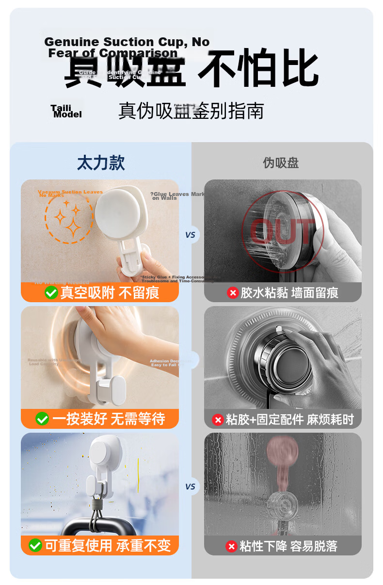 Taili Suction Cup Hooks, Kitchen No-Drilling Strong Adhesive Hooks, Door-Back Towel Rack, Bathroom Wall-Mounted Storage Rack Hooks 2