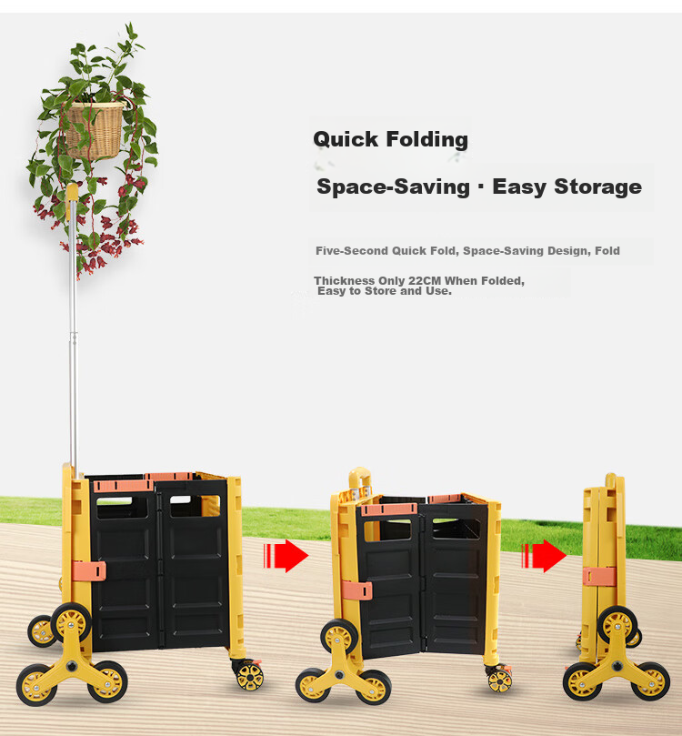 SELORSS Foldable Hand Cart Elderly Shopping Cart Small Trolley Shopping Cart Pull Cart Push Cart Large Wheel Yellow BY06-F 6