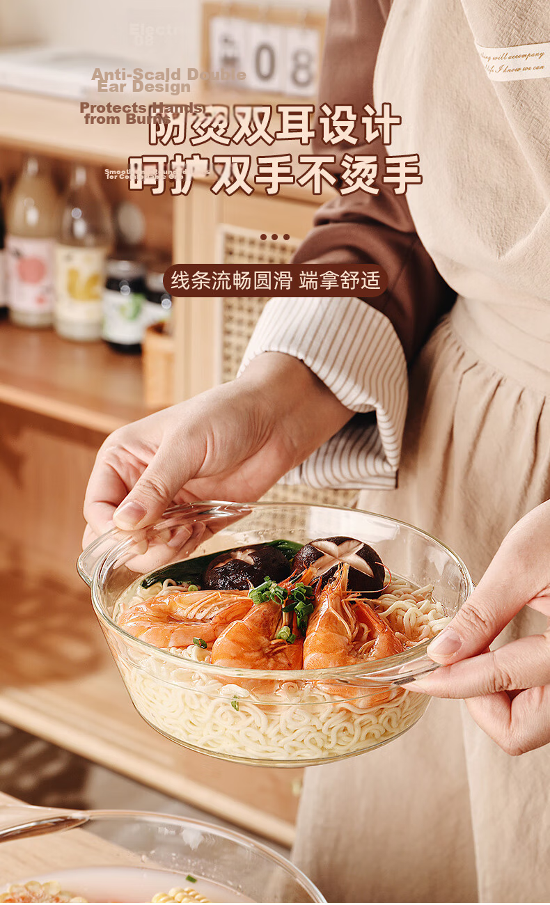Genas Double-Handle Transparent Heat-Resistant Glass Bowl Large with Lid Microwave Safe Soup Noodle Salad Bowl Tableware 1.5L 6