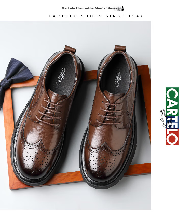 CARTELO British Men's Brogue Leather Shoes, Thick-Soled Heightening Business Casual Leather Shoes, Breathable Cowhide Shoes for Men, 9961 Black, Size 41 16