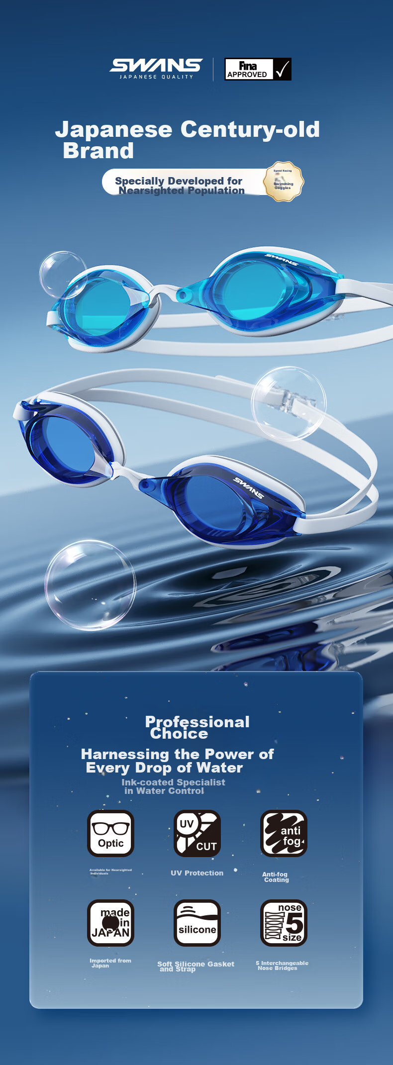 SWANS Swimming Goggles for Youth, Professional Training, Anti-Fog, Waterproof, High-Definition, Non-Prescription, Myopia Swim Glasses for Men And Women, 150° 1