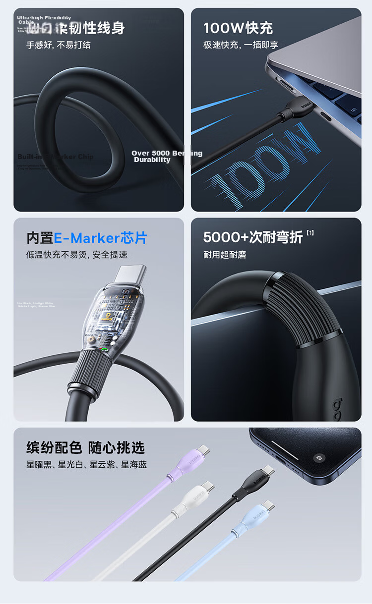 Baseus Dual-Head Type-C Charging Cable PD 100W Super Fast Charge Data Cable for Huawei Honor Xiaomi Apple iPhone 17/16/15 iPad Laptop Car Use 2m Blue 3
