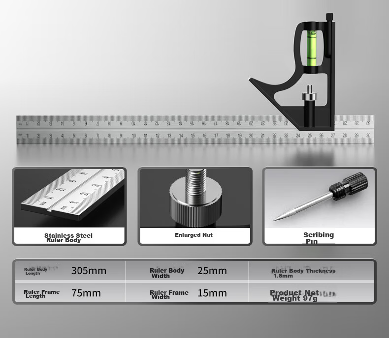 SYNTEK Adjustable 90-Degree Stainless Steel Multifunctional Carpenter's Square with Bubble Level and 45-Degree Angle Ruler 12