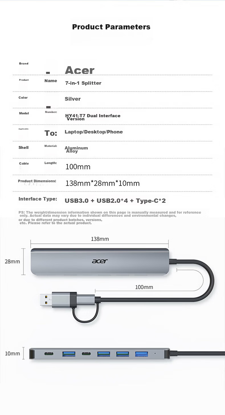Acer Type-C Expansion Dock, USB3.0 Hub with SD/TF Card Reader Adapter, Compatible with MacBook, Huawei, Android Computers, Eight-In Expansion Dock 10