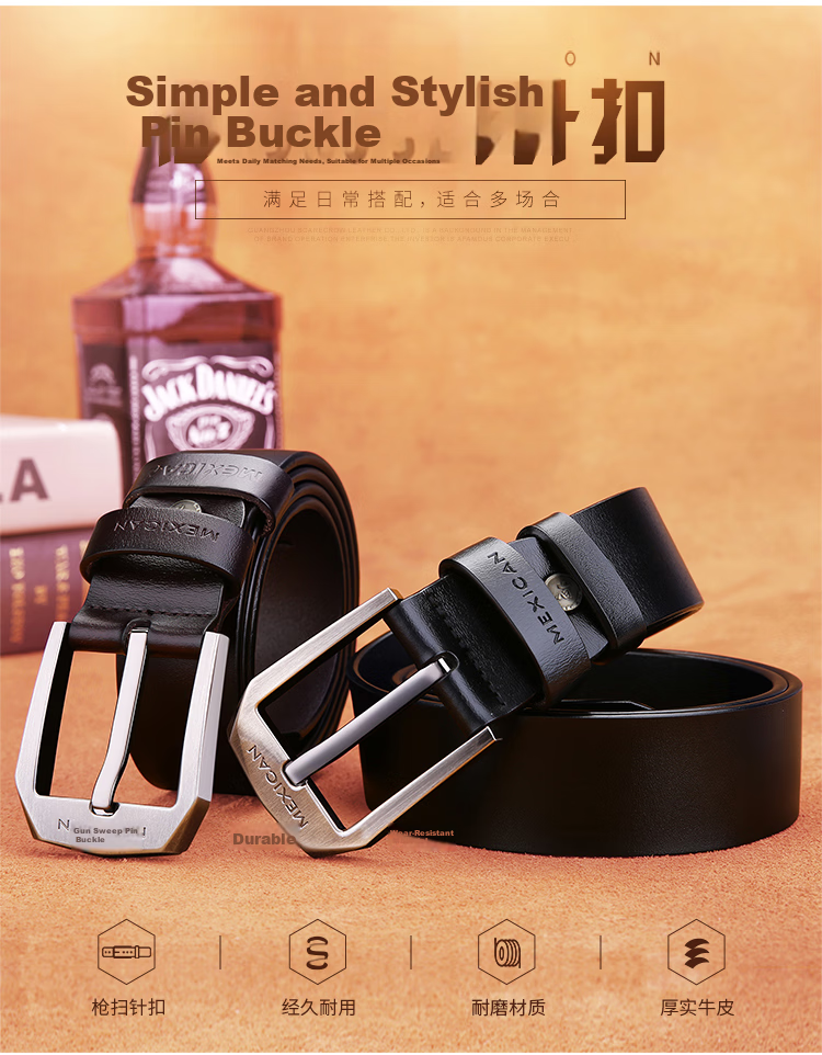 MEXICAN Men's Genuine Leather Pin Buckle Business Casual Trendy Belt Birthday Gift for Men and Dad 5