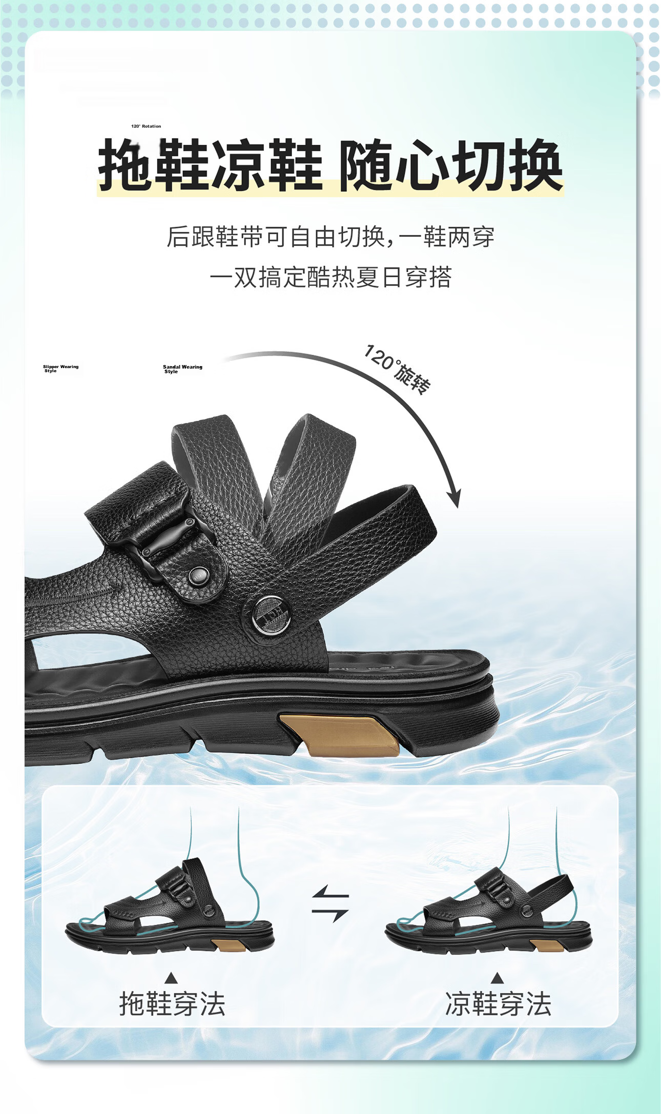 RED DRAGONFLY Men's Sandals, Lightweight Slippers, Summer Cowhide Beach Shoes, Open-Toe Breathable Two-Way Wear WTT22118J Black Size 43 4
