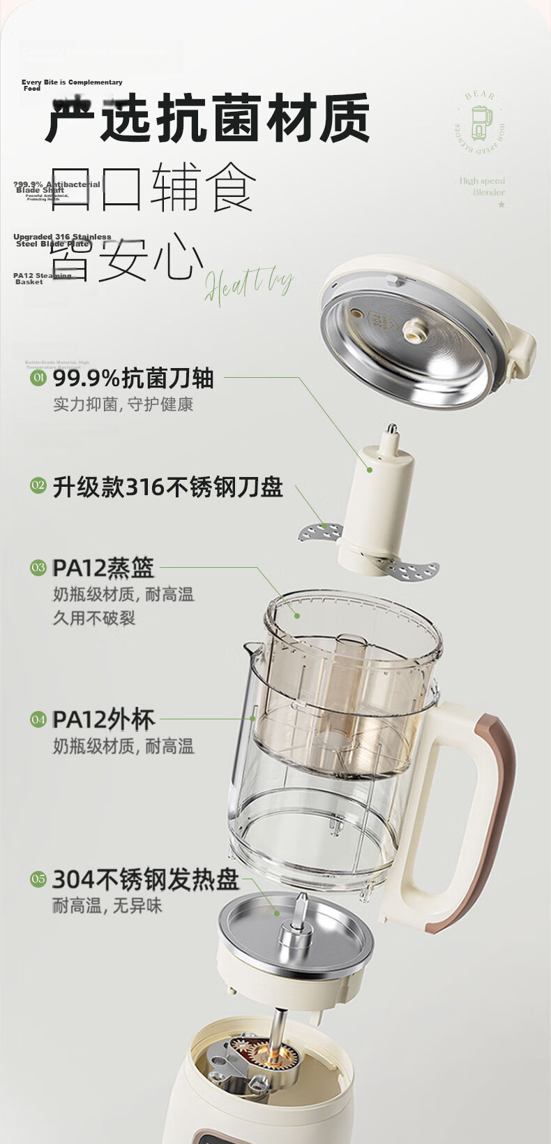 Bear Baby Food Processor Upgraded 316 Stainless Steel Shaft Multifunctional Garlic Grinder Meat Mincer 8-Blade Single Cup Single Knife 12