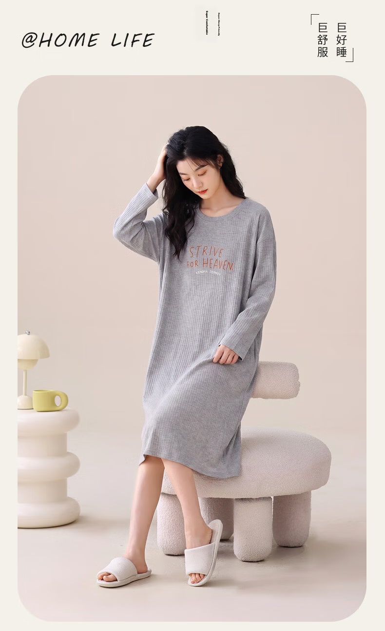 Doramae Women's Cotton Long Sleeve Nightgown Spring Autumn Casual Sleepwear Loose Fit Loungewear 2XL 39