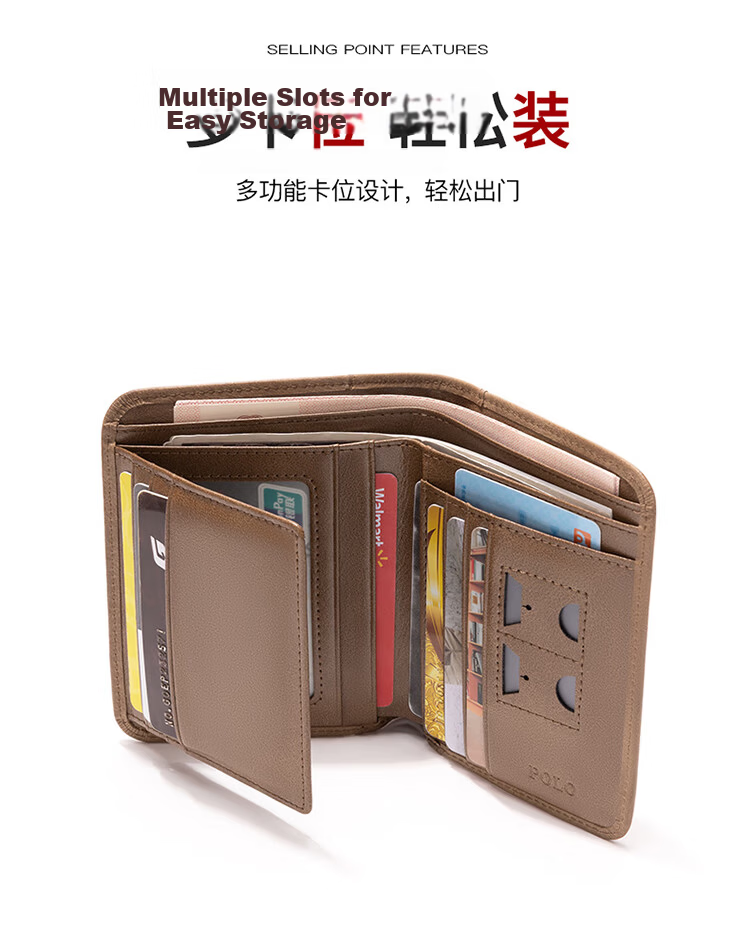 POLO Men's Top Layer Leather Wallet Multi-card Holder Card Holder Multi-function ID Card Holder Gift Box Birthday Gift for Boyfriend 10