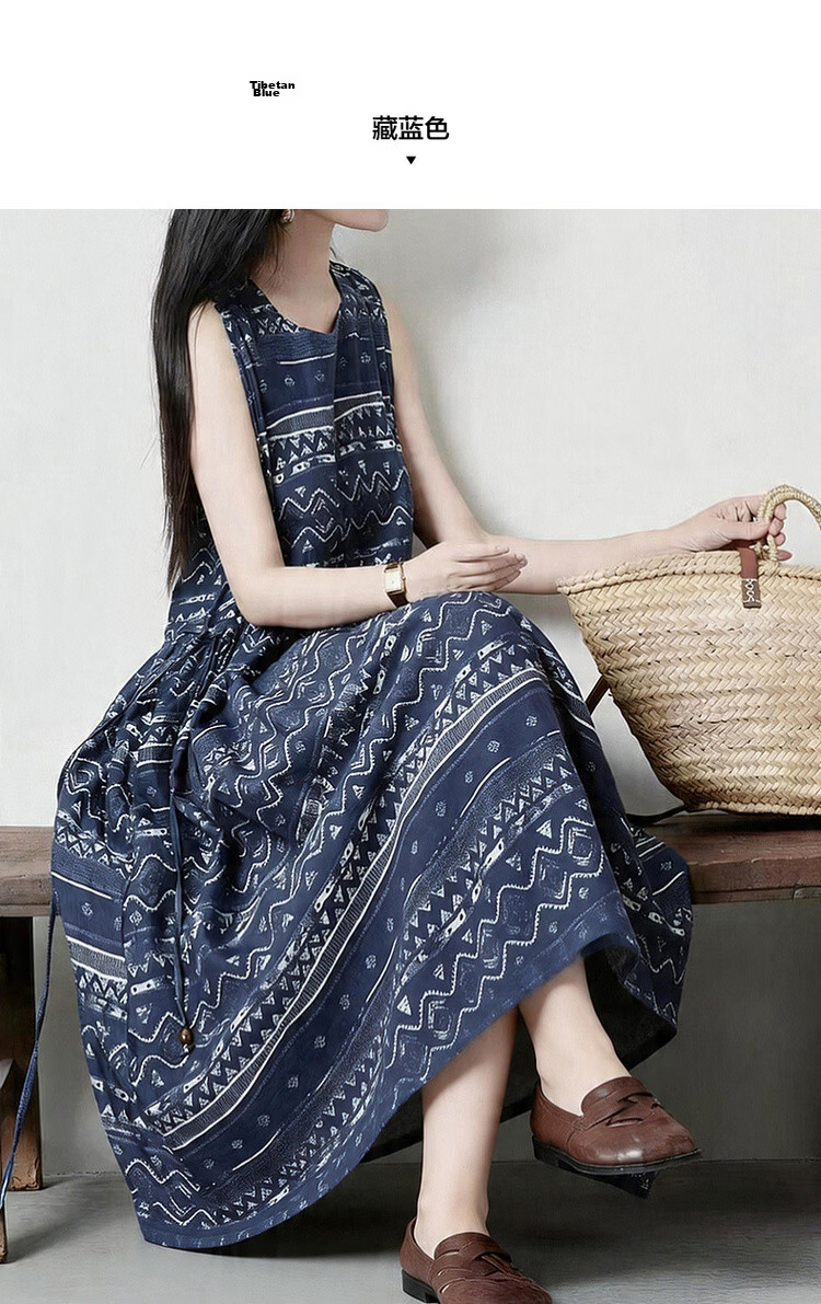 Demana [Artistic Forest Girl] Summer Ethnic Style Printed Round Neck Sleeveless Drawstring Slim Fit Dress for Women Premium Quality 9