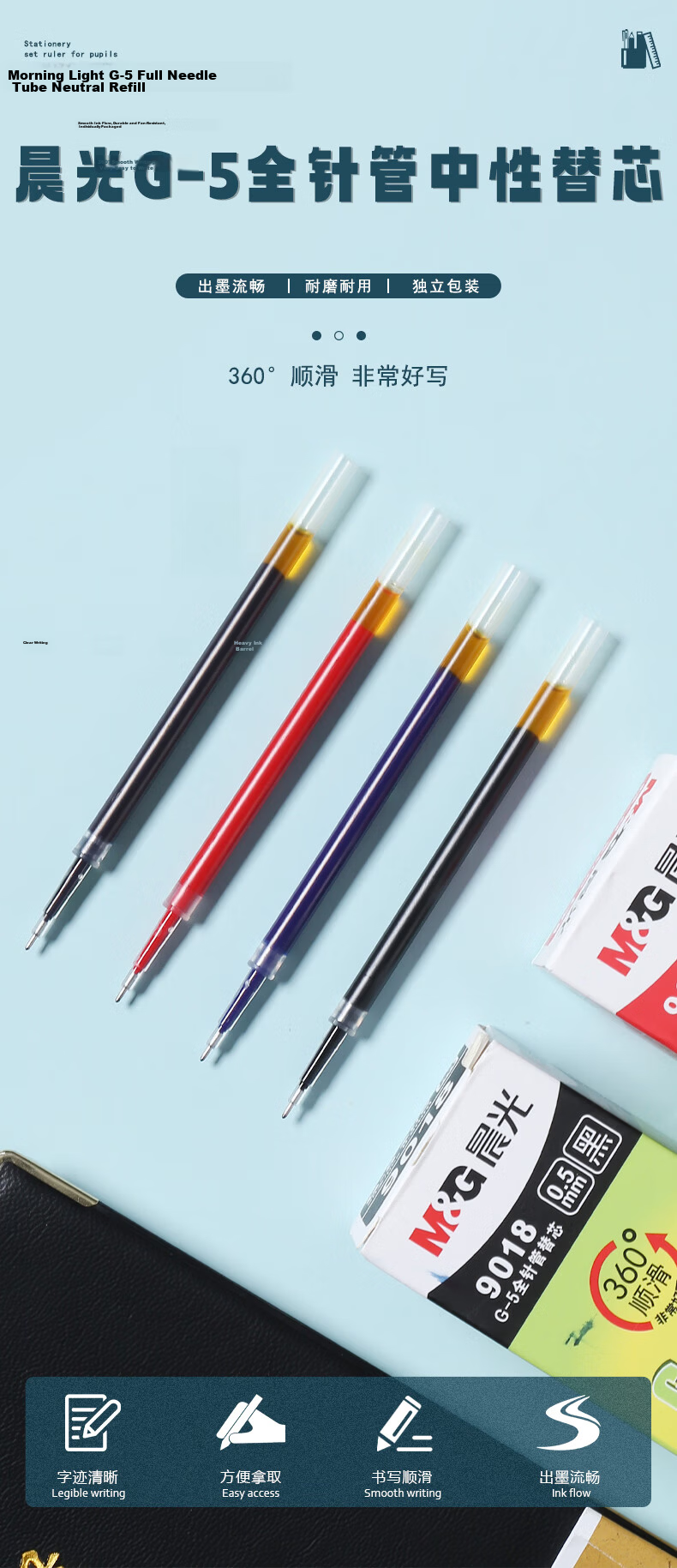 M&G Blue 0.5mm Retractable Needle Tube Gel Pen Refills for K35/S01/S08 Compatible with 9018B, 20 Pieces 3
