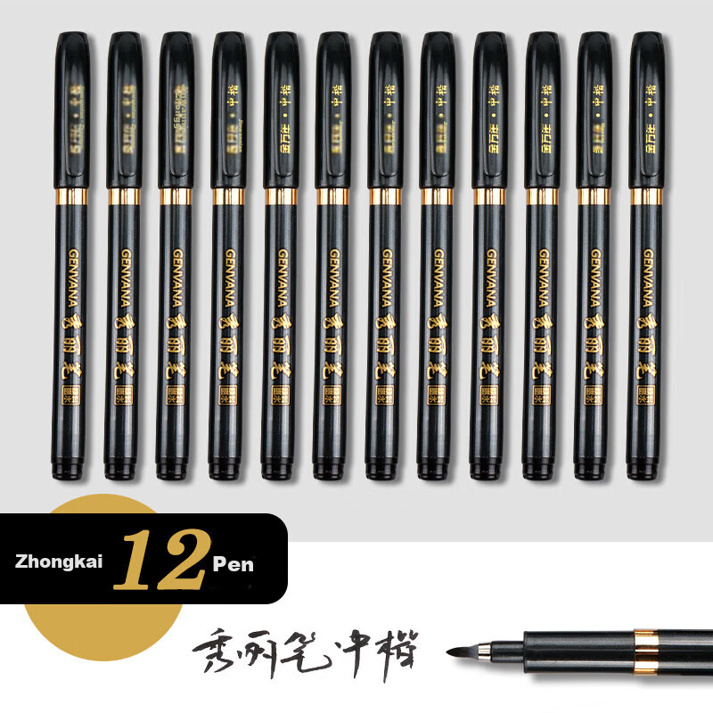 Jinwanniang Medium Regular Script Elegant Calligraphy Practice Pen Scientific Fountain Pen Style Brush Pen Beginner Set Soft and Hard Pen Black (12 Pieces) G-0939