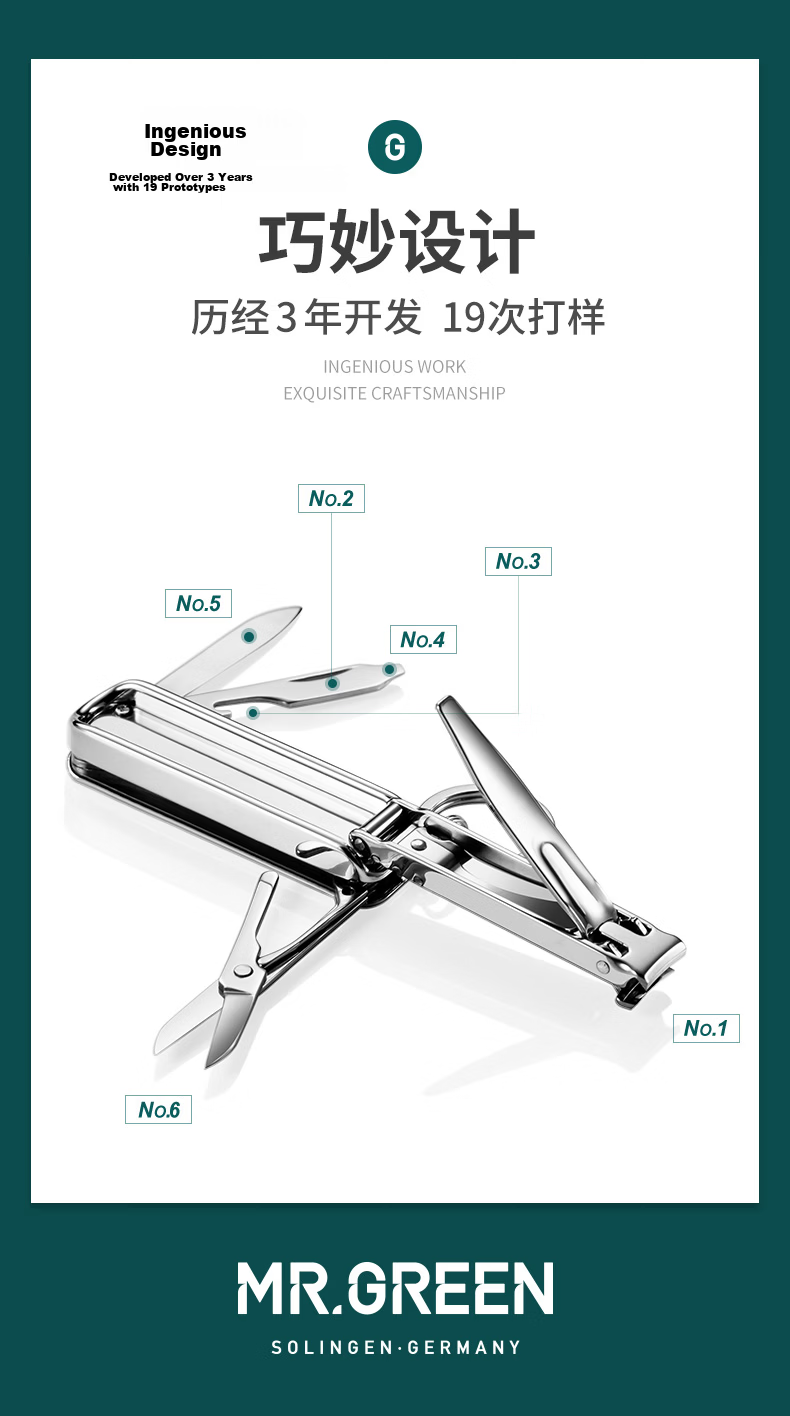 MR.GREEN German Large Multifunctional Nail Clipper Folding Nail Cutter Portable Compact 6-in-1 Imported Stainless Steel Tool with Keychain Mr-1099SL 3