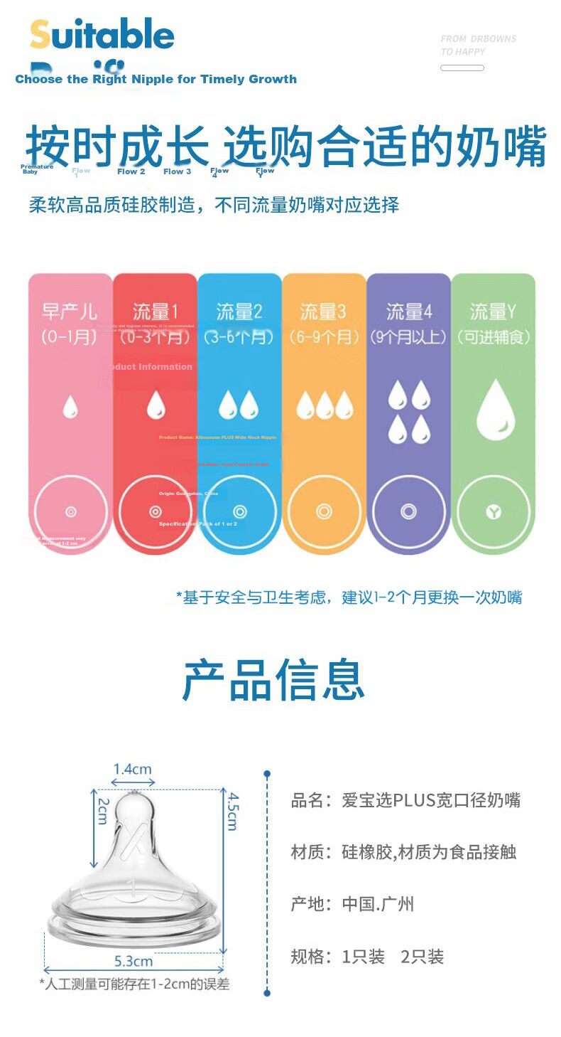 Bulangboshi Baby Nipple, Wide-Neck Silicone Anti-Choking Y-Shaped Hole, Suitable for 9 Months+ And Complementary Food Stage (1 Piece), Aibao Xuan PLUS 7