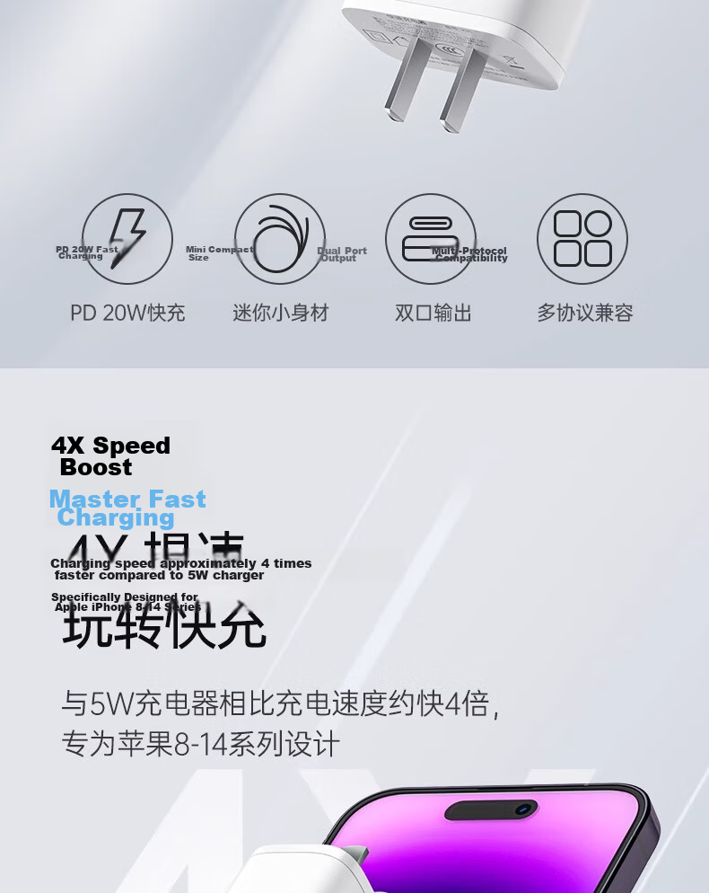 Dual Port 20W Multi-Port Charger Adapter Compatible with Apple iPhone 16/15, Huawei, Xiaomi, Android Phones, Smart Bands, and Watches, Apple 18W Charger Plug 2