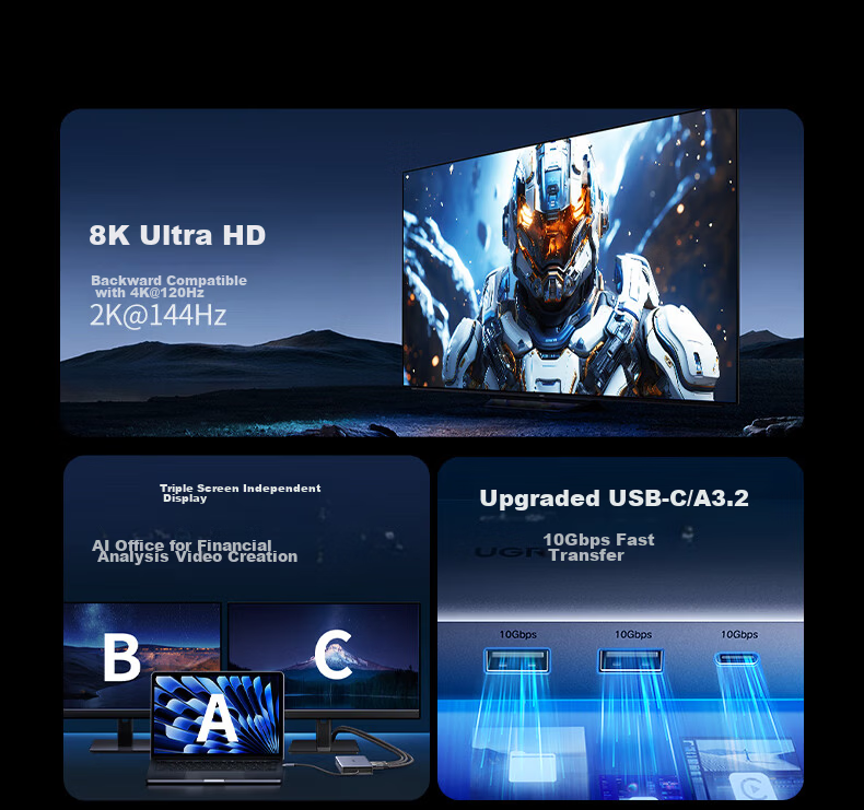 UGREEN Type-C 3.2 Dual HDMI Triple-Screen Display Docking Station USB-C Compatible Thunderbolt 4/5 Expansion Dock 10G Multi-Functional Adapter 4K60Hz Multi-Screen Extension Suitable for Huawei Computers 5