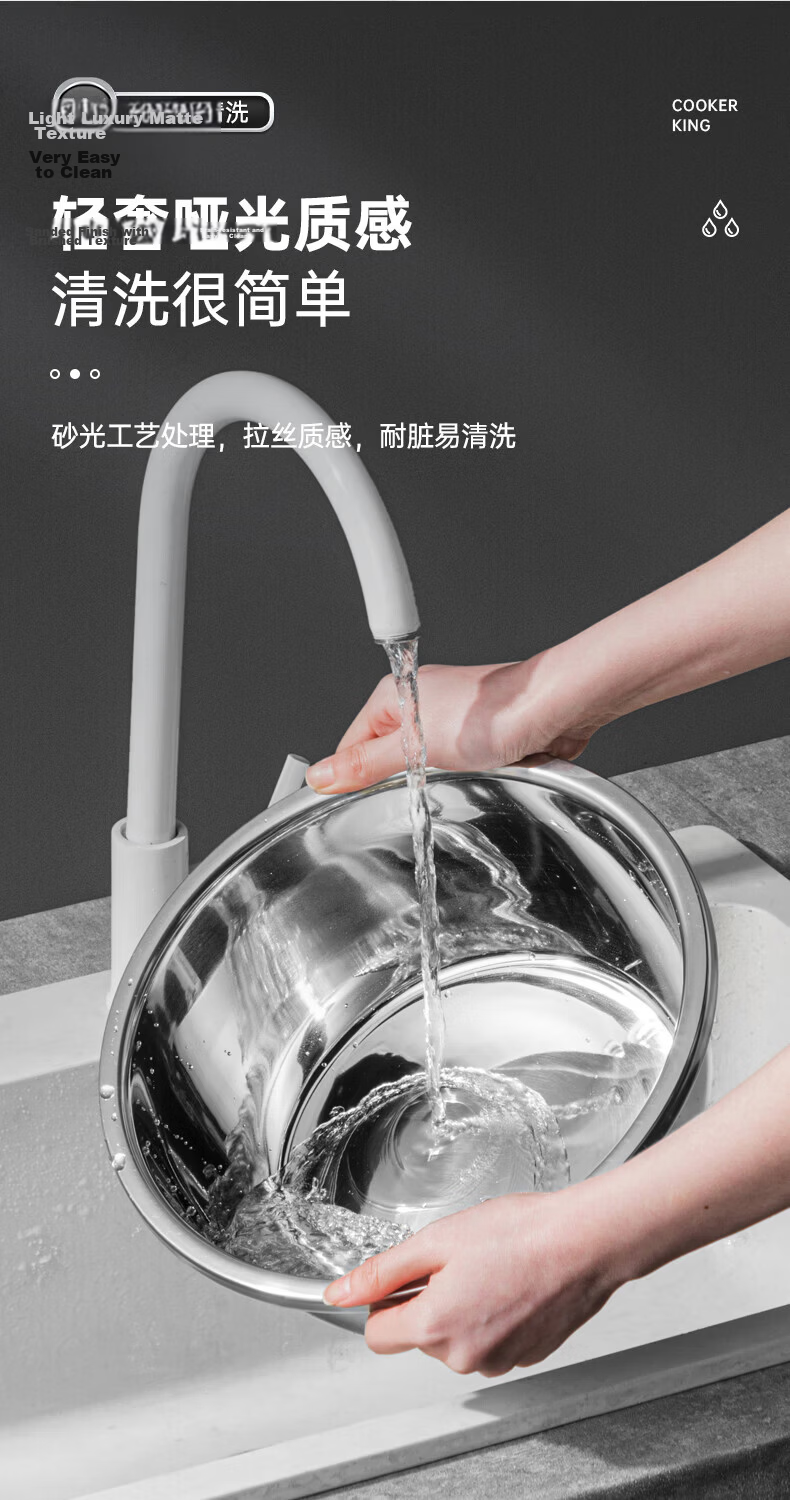 Chuida Huang 304 Stainless Steel Bowl and Sieve 5-Piece Set Thickened Vegetable Washing Bowl, Dough Mixing Bowl, Seasoning Marinating Bowl, Rice Sieve Combo 10