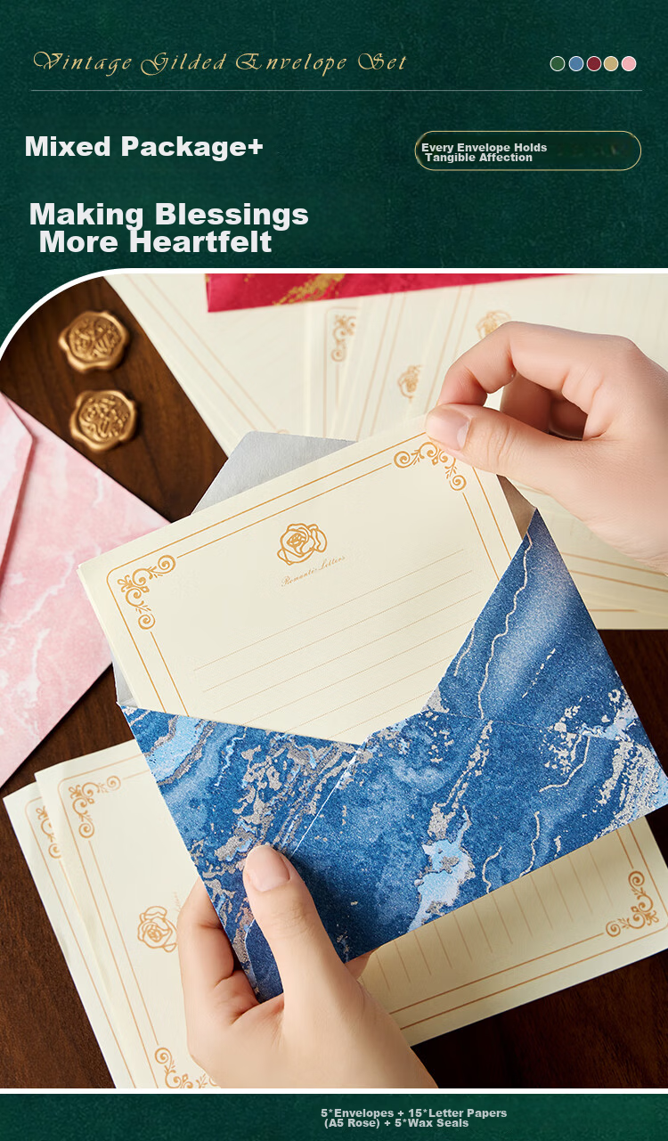 Kingdee Linen Envelopes and Stationery Set - Teacher's Day Gift Card with Gold Foil, High-End Creative Vintage Style Wax Seal, Romantic Letter Writing, Artistic Confession, 3 Envelopes, 10 Sheets, 3 W 9