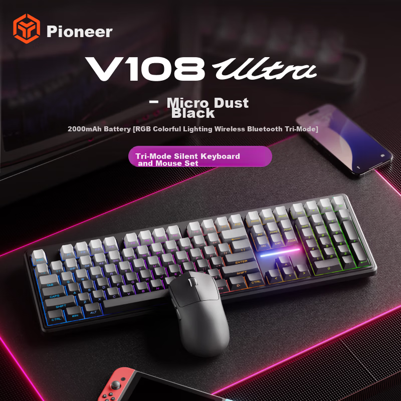 EWEADN V108 Ultra Wireless Keyboard and Mouse Set Bluetooth Wired Tri-mode Silent Gaming Mechanical Feel High Aesthetic 108-Key for Office Laptop