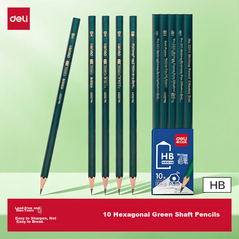 Deli Classic Green HB 10-Pack Hexagonal Wooden Pencils for Students Writing Drawing Sketching Back to School Stationery