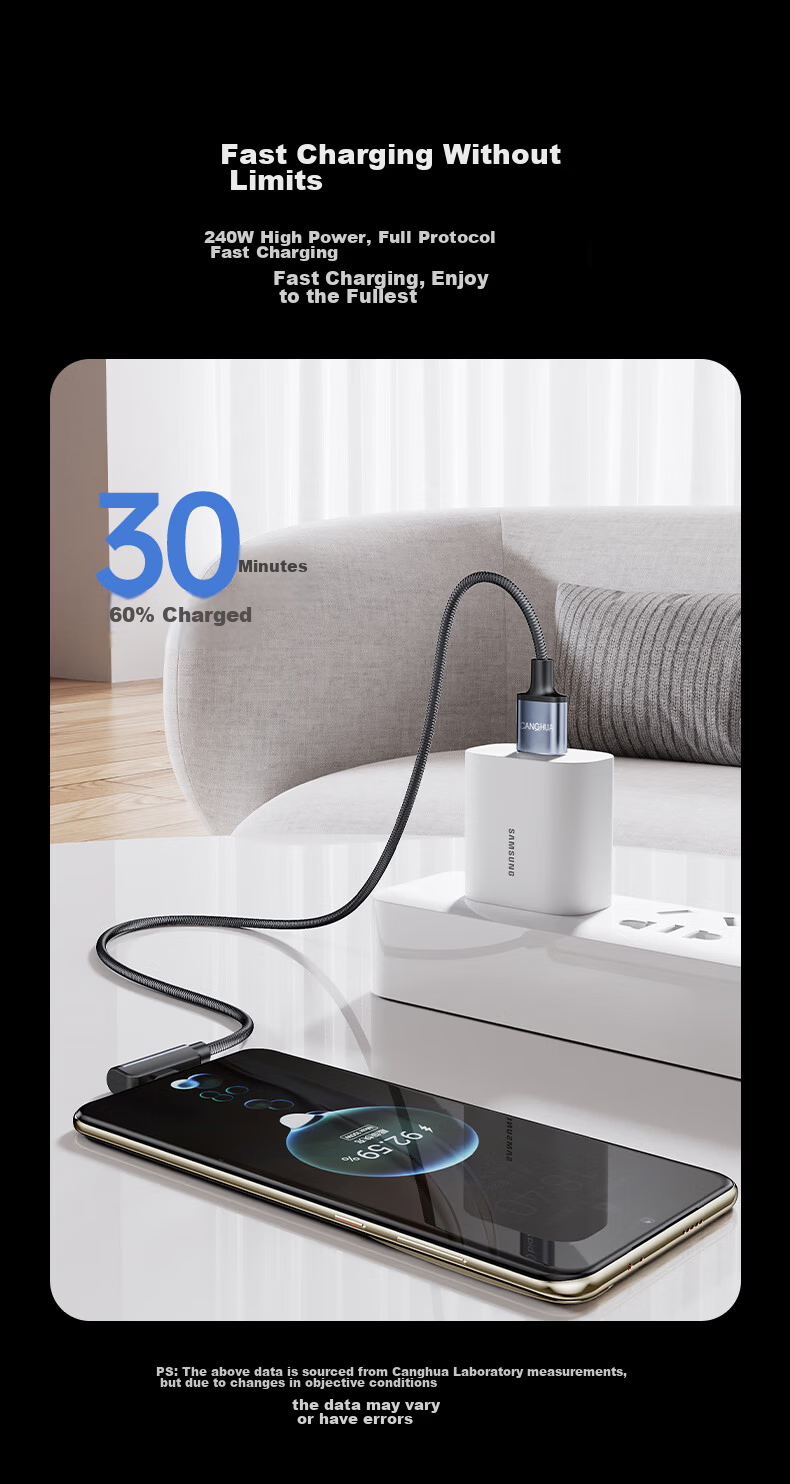 CangHua Charging Cable Type-C Data Cable, Extra Long 3 Meters, 100W/88W Super Fast Charging Cord, Suitable for Huawei Mate80/Pura70, Honor, Xiaomi Phones, Car Charger Cable 3