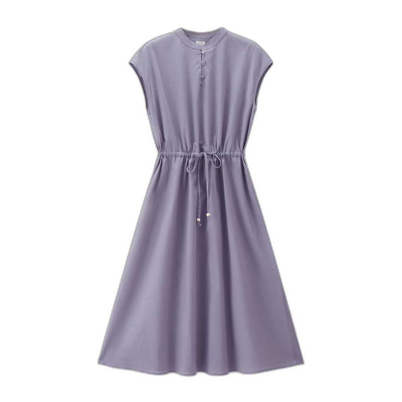Giordano Women's Summer New Cotton Linen Tie Waist Stand Collar Short Sleeve Dress 05466327