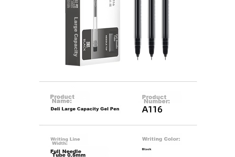 Deli Large Capacity Full Needle Tube Gel Pen 0.5mm Black 12pcs/Box DL-A116 Student Supplies 19