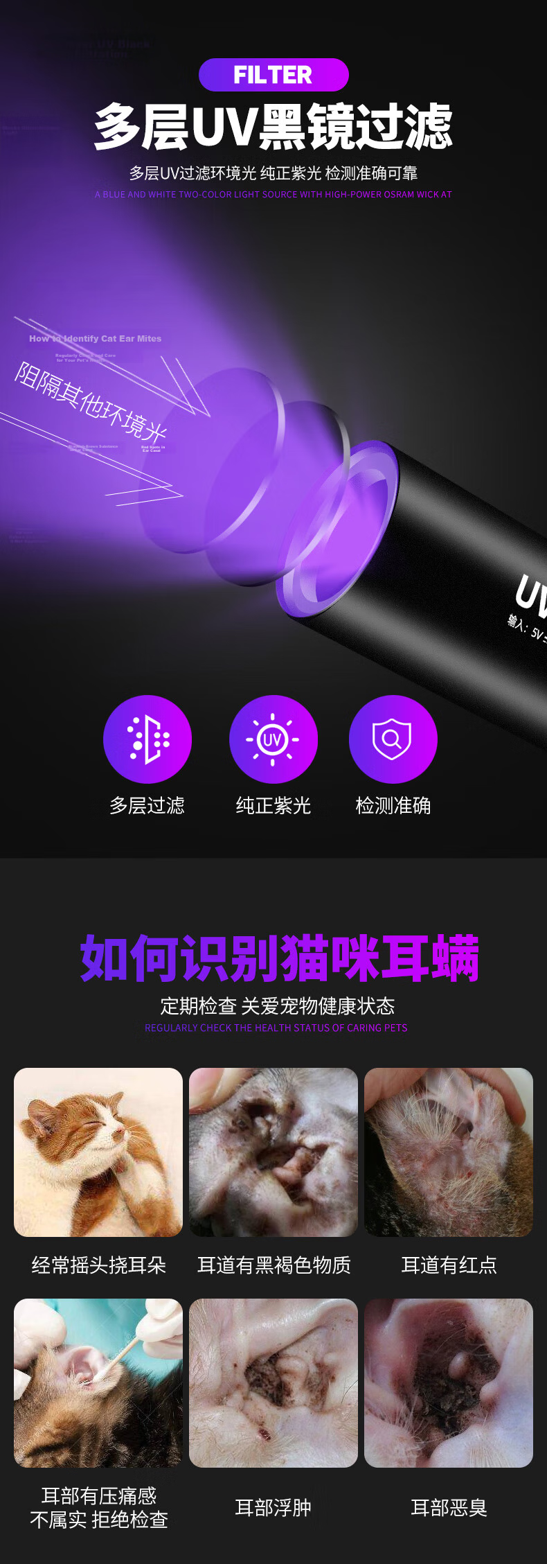 SHENYU Wood's Lamp Cat Ringworm Fluorescence Detection UV Blacklight Purple Light Ultraviolet 365nm Flashlight for Cat Urine and Fungi 8