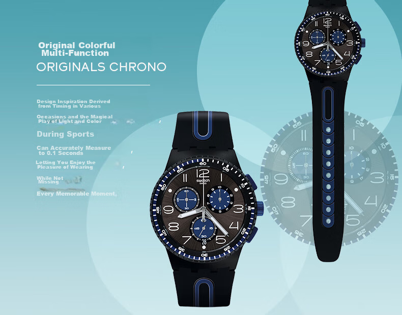Swatch Swiss Watch Three-Eye Chronograph Student Quartz Wristwatch Back-to-School Gift for Boyfriend Black Blue Light Boat 2